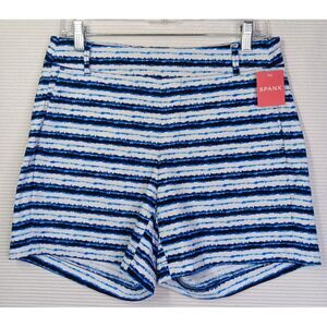SPANX Sunshine Pull On Shorts 6" Womens Sz Medium Flat Front Blue Painte Stripe